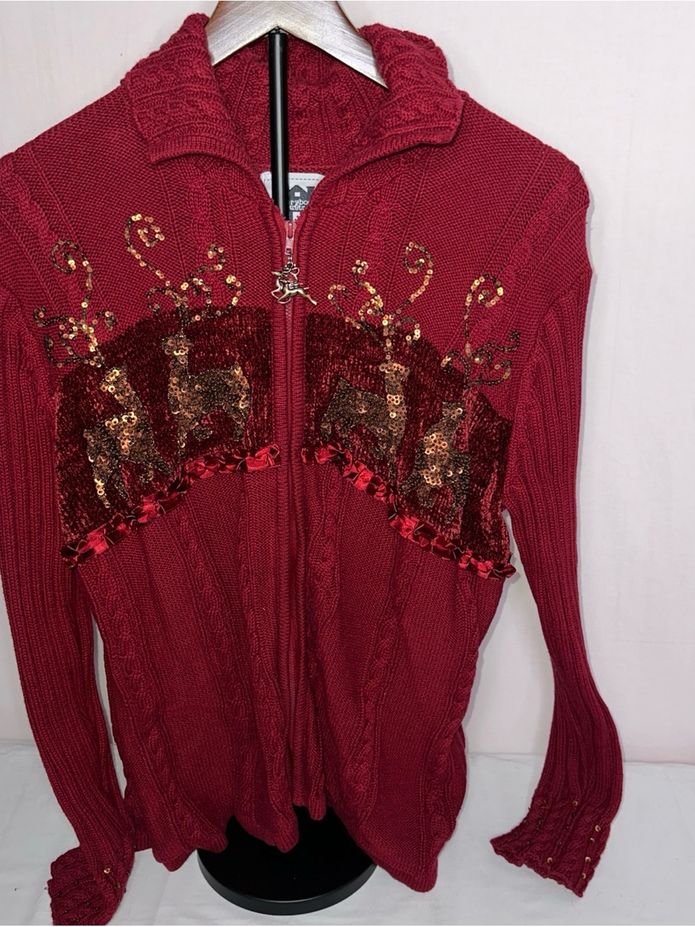 Storybook Knits Burgundy Zip-Front Knit Cardigan with Sequin Reindeer